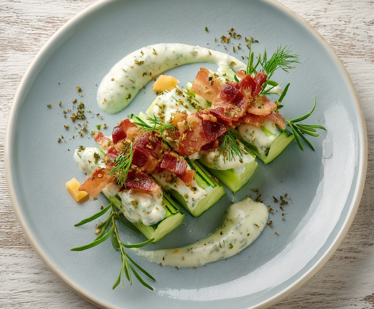 Creamy Cucumber Snack With Bacon and Cheddar Cheese