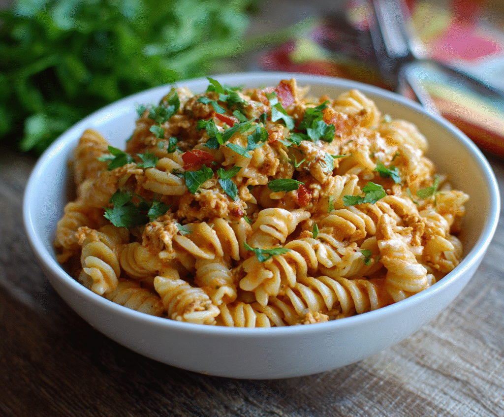 easy Crockpot salsa ranch pasta