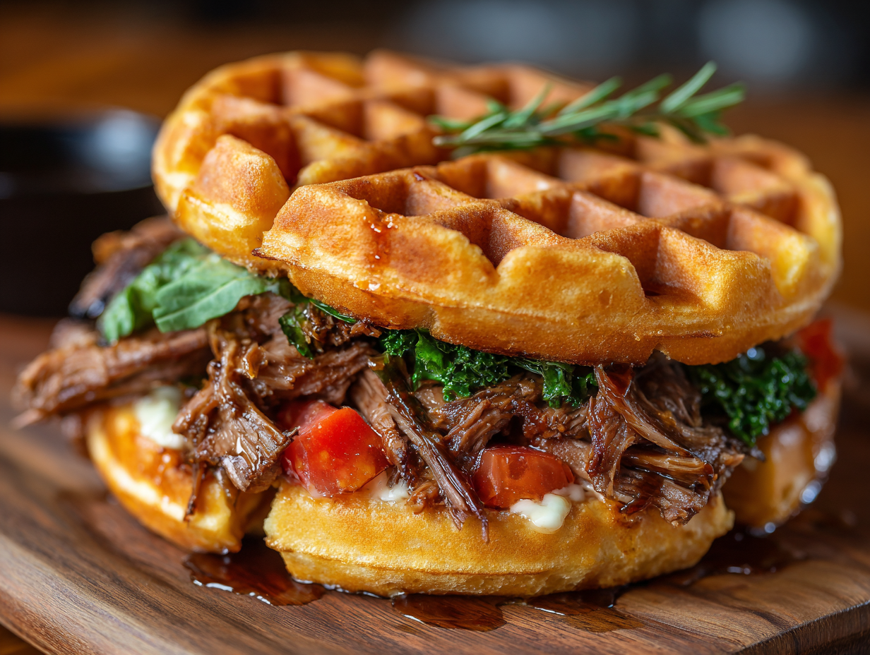 bourbon-maple brisket grilled cheese wafflewich