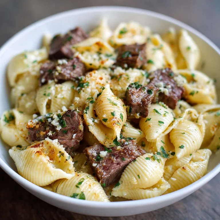 Creamy Parmesan Shells with Garlic Butter Steak Bites Recipe