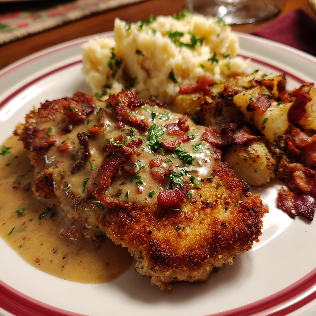 country fried pork chops with bacon gravy