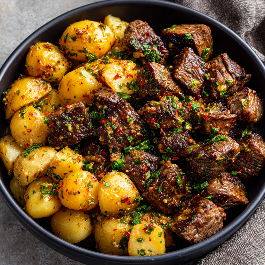 Garlic Butter Beef Bites & Potatoes Recipe