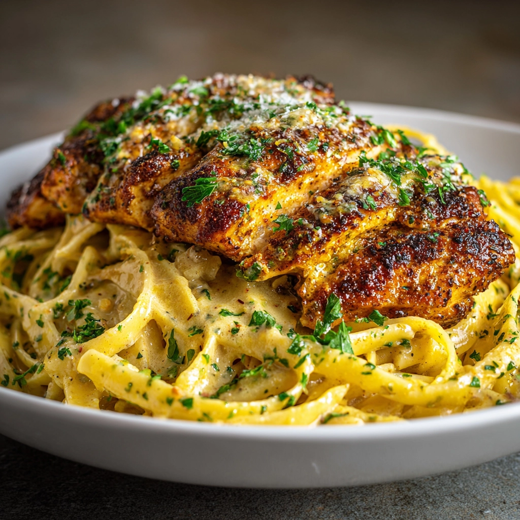 savory cajun chicken over creamy parmesan linguine