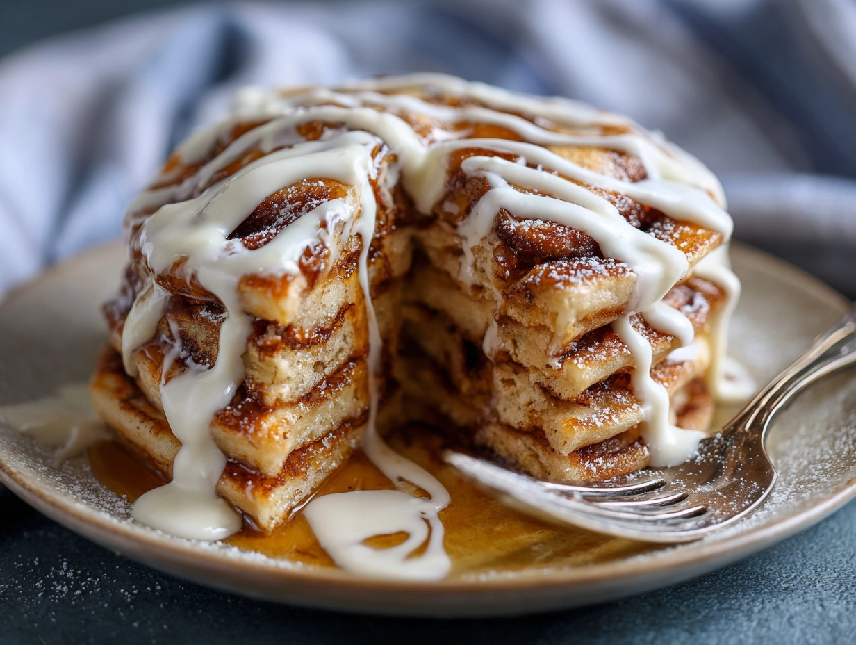 Fluffy Cinnamon Roll Pancakes Recipe.