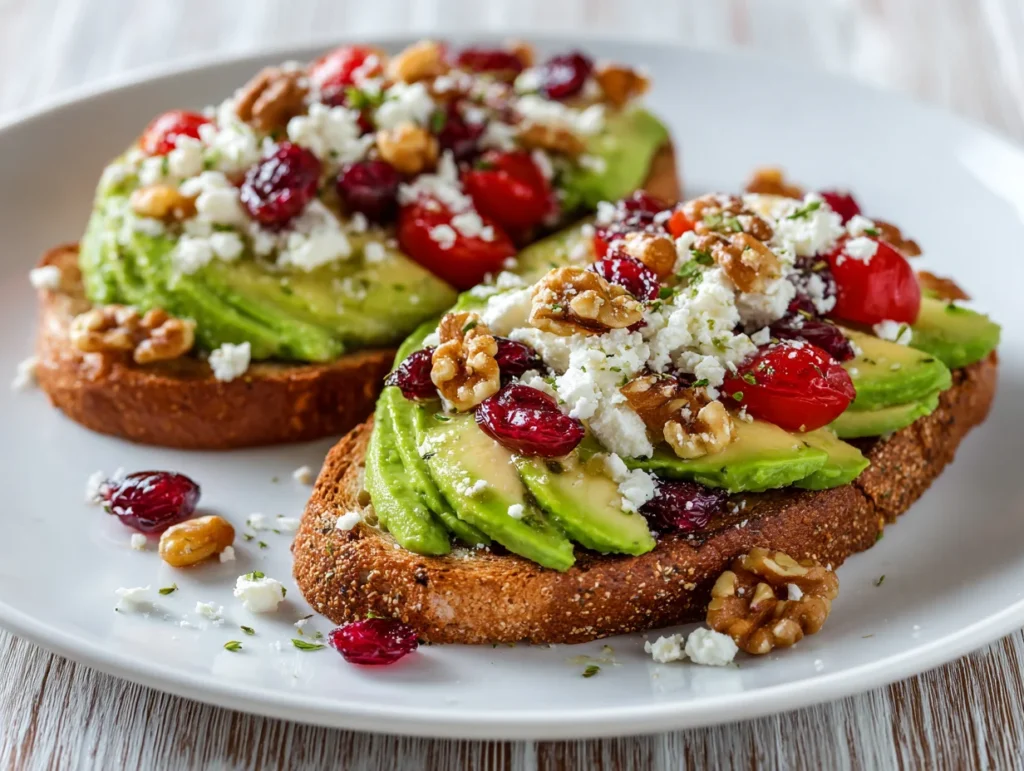 Avocado Toast with Feta Cheese Cherry Tomatoes Cranberries and Walnuts