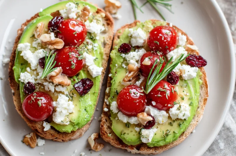 Avocado Toast with Feta Cheese Cherry Tomatoes Cranberries and Walnuts Recipe