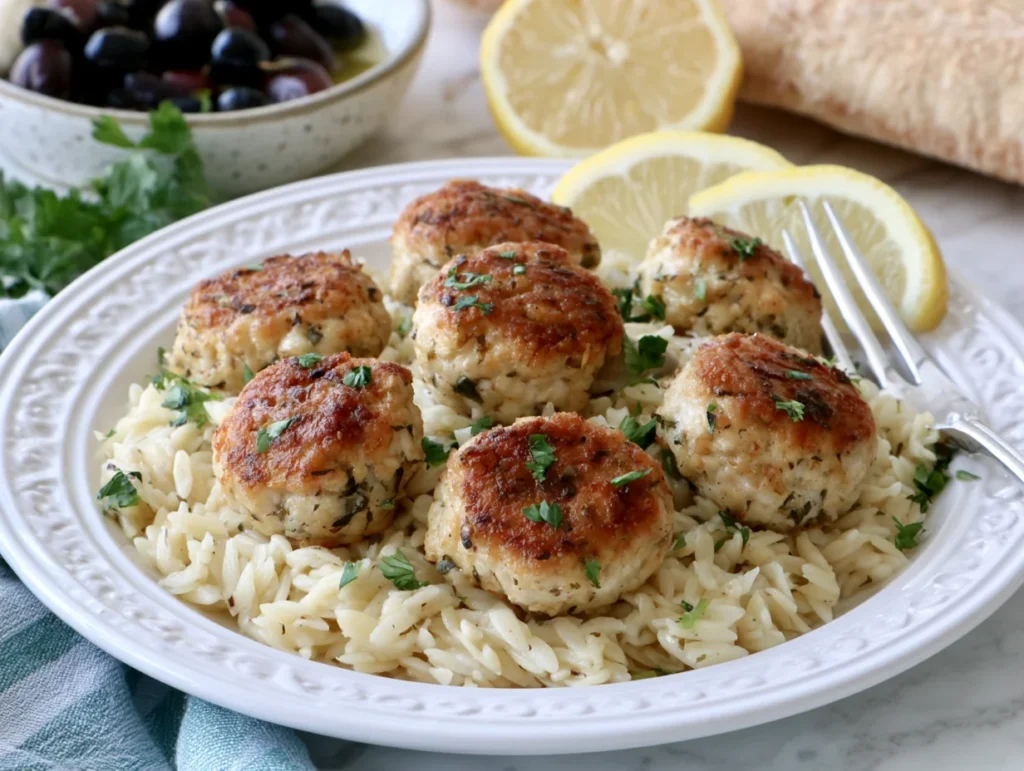 Greek Chicken Meatballs with Lemon Orzo Recipe