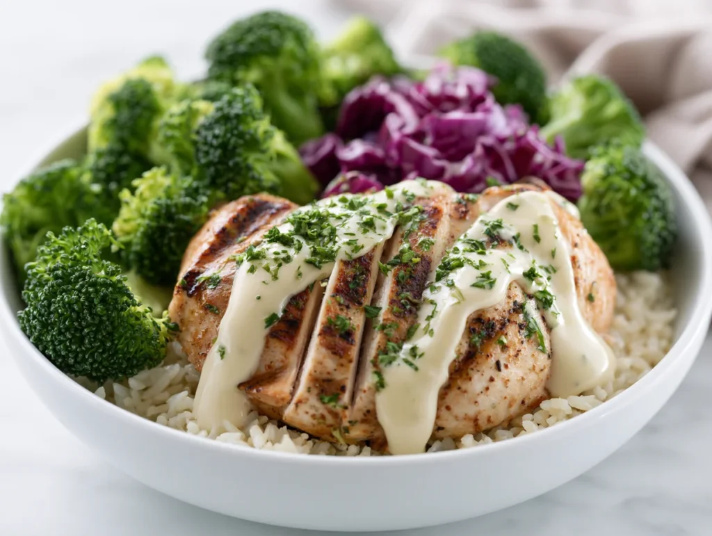 Grilled Chicken Broccoli Bowls with Garlic Sauce Recipe