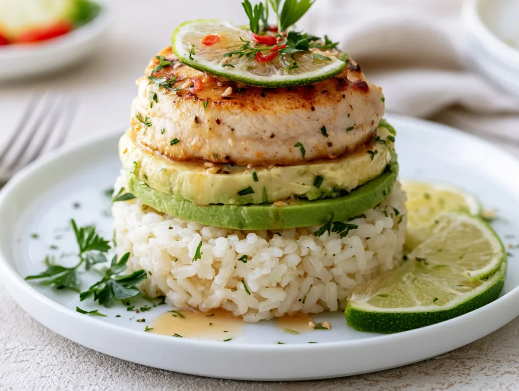 Honey Lime Chicken Avocado Rice Stack Recipe