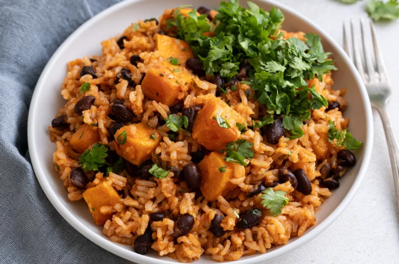 Southwest Sweet Potato Black Bean Rice Skillet Recipe